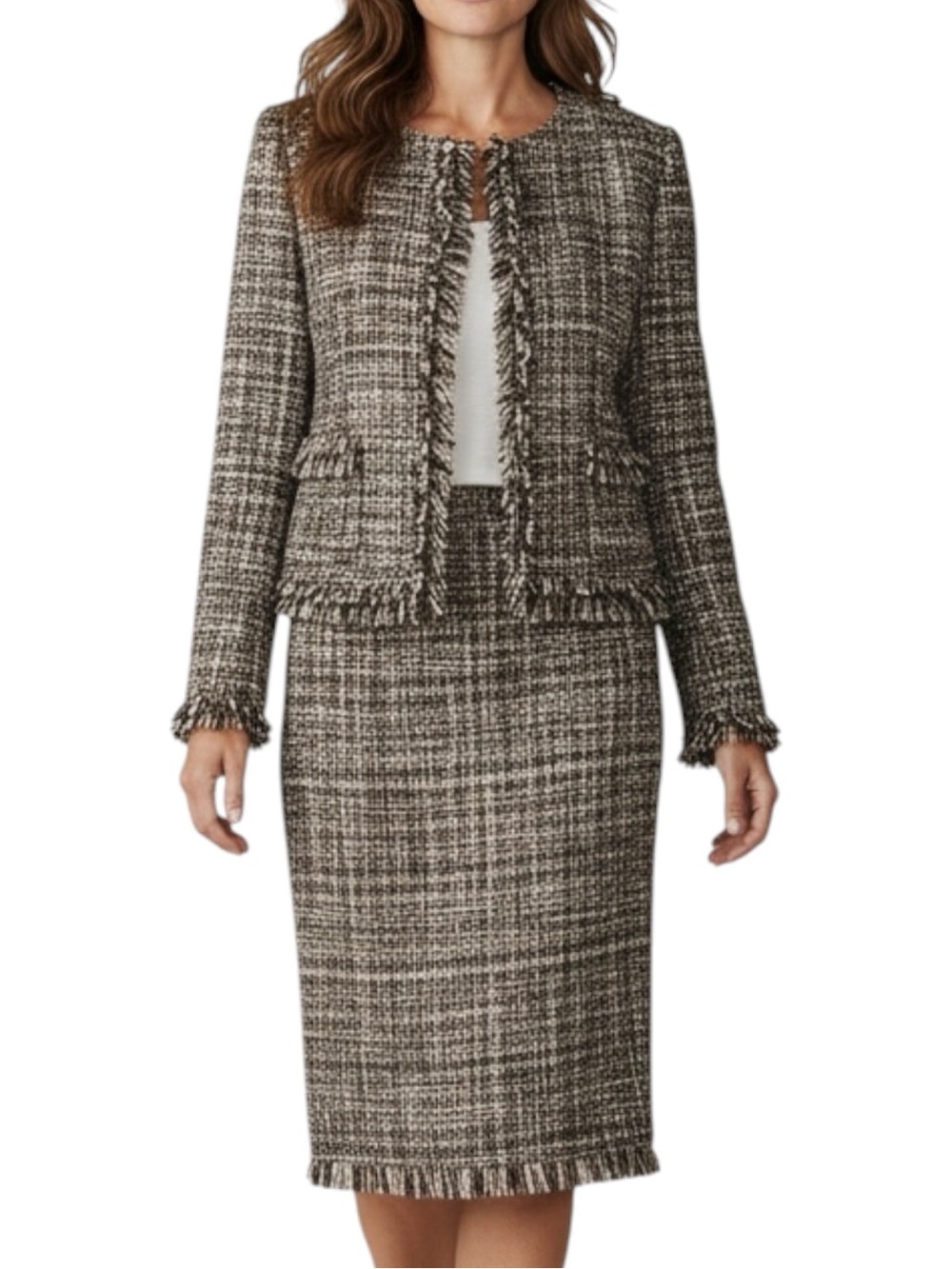 Nicole Studio Brown Tan White Tweed Two Piece Skirt Jacket Set Size 12 Vintage